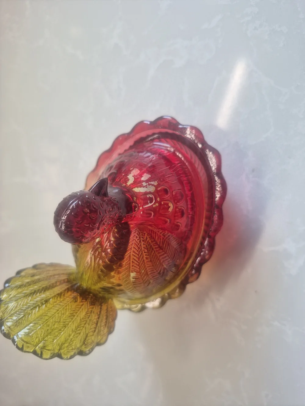Hen On Basket Glass Candy Dish and Tray in Yellow-Red Ombre